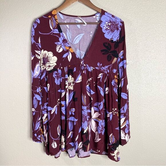 Free People Bella Maroon Purple Floral Tunic Small Bell Sleeve Wine Oversized - Picture 1 of 8